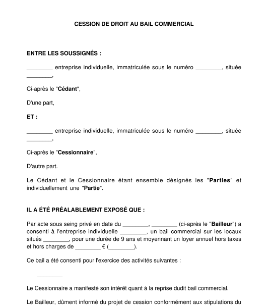 Lettre de cession de bail commercial