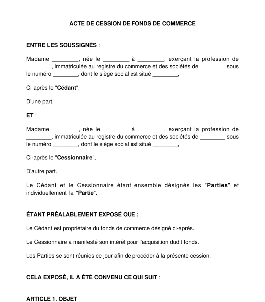 Acte de cession de fonds de commerce