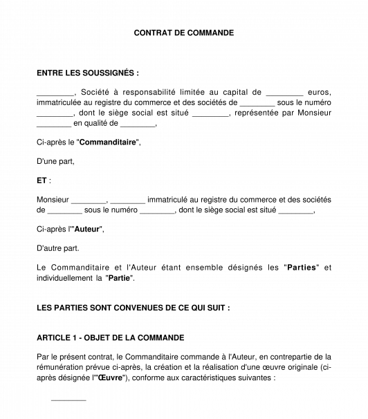 Contrat de commande d'une création