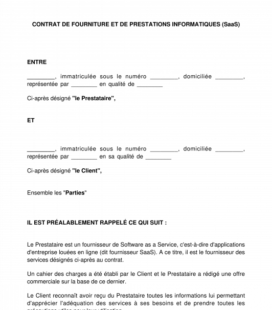 Contrat de fourniture et de prestations informatiques "Saas"