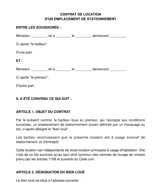 Contrat de location d'un emplacement de stationnement parking / garage / box