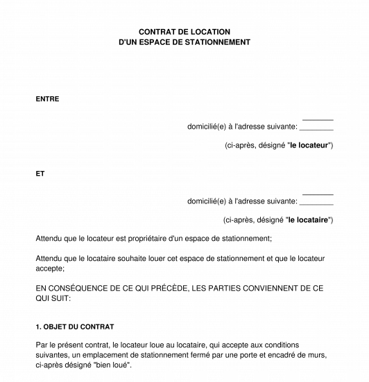 Contrat de location d'un espace de stationnement