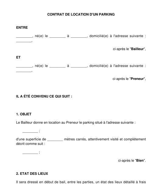 Contrat de location d'un garage, box ou parking