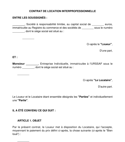 Contrat de location de matériel d'entreprise entre professionnels