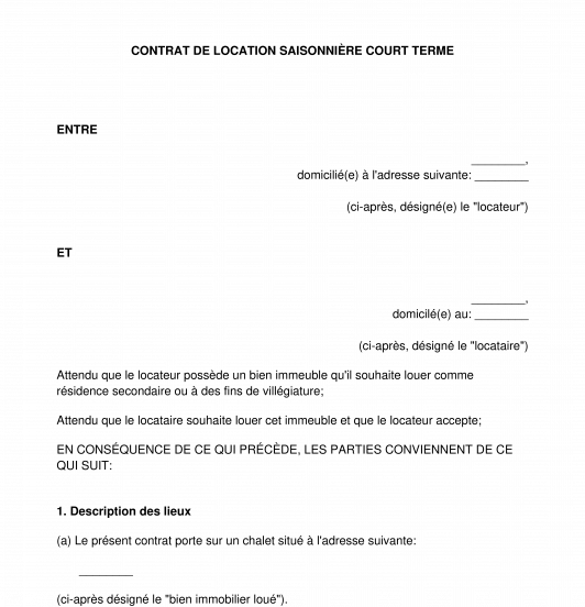 Contrat De Location Saisonnière