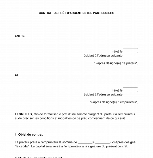 Contrat de prêt d'argent entre particuliers