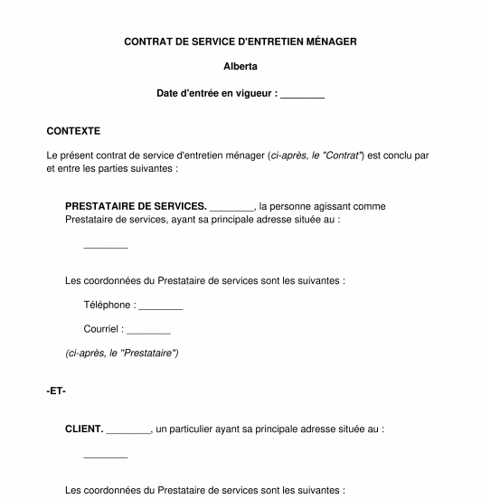 Contrat de service de nettoyage