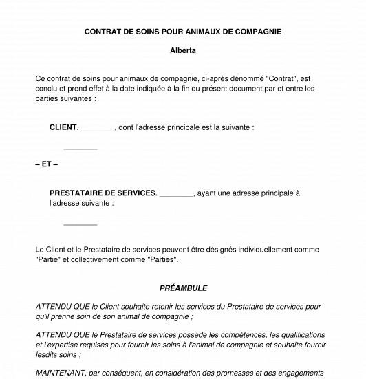 Contrat de soins pour animaux de compagnie