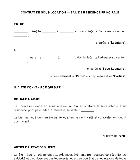 Contrat de sous-location d'un bail de résidence principale