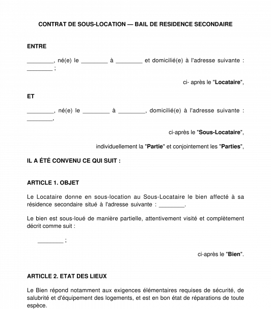 Contrat de sous-location d'un bail de résidence secondaire