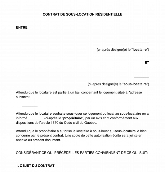 Contrat souslocation modèle gratuit