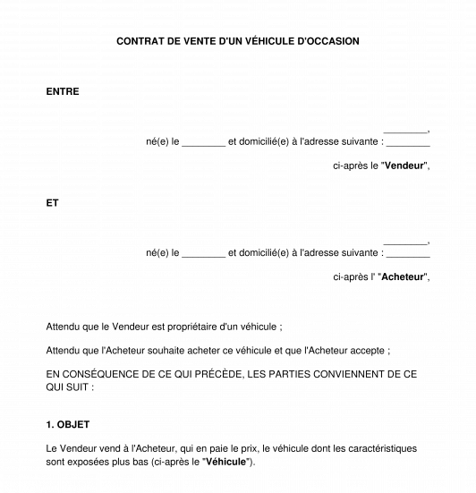 Contrat de vente d'un véhicule d'occasion