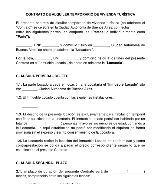 Contrato de Alquiler Temporario de Vivienda Turística Amoblada