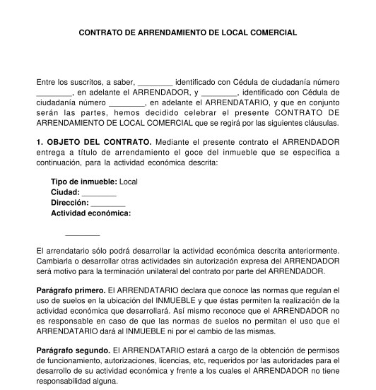 Contrato de arrendamiento de local comercial