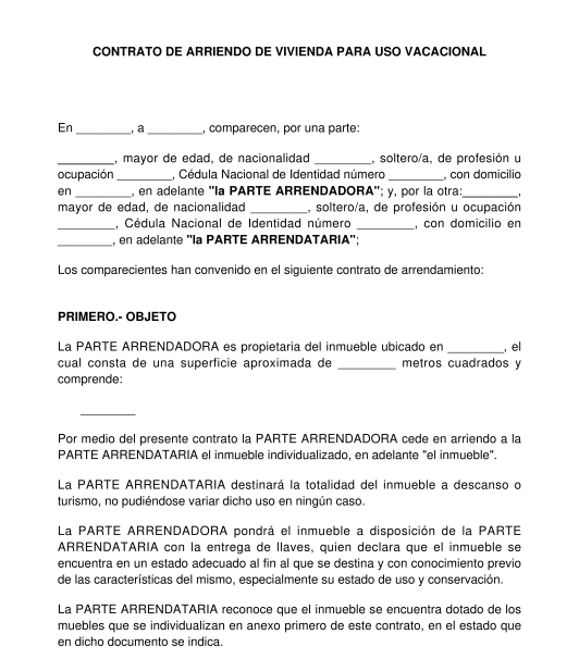 Contrato de Arriendo de Vivienda para uso Vacacional