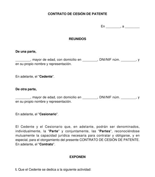 Contrato de cesión de patentes, modelos de utilidad y diseños industriales