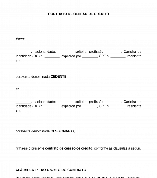 Contrato de Cessão de Crédito - Modelo - Word e PDF