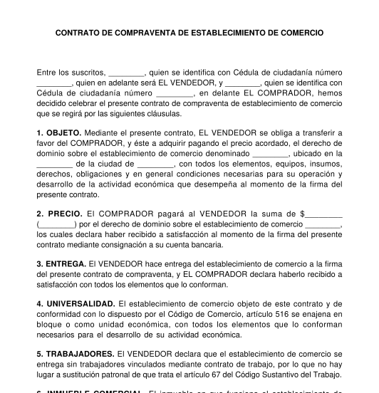 Contrato de compraventa de establecimiento de comercio