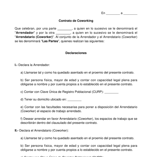 Contrato de coworking espacio de trabajo colaborativo