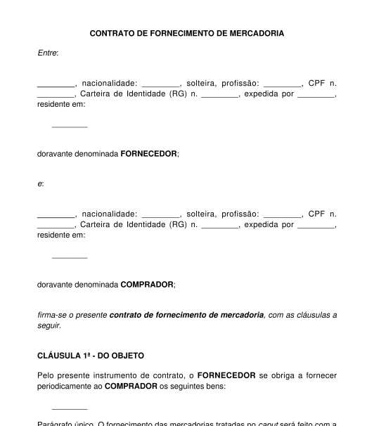 Contrato De Fornecimento De Mercadoria Modelo