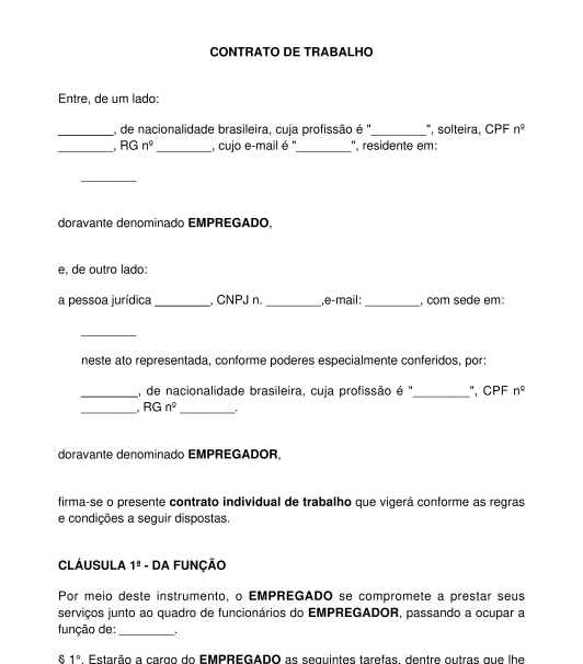 Contrato Individual de Trabalho - Modelo - Word e PDF