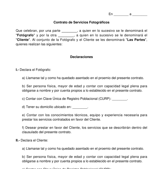 Contrato De Servicios Fotográficos Modelo Word Y Pdf