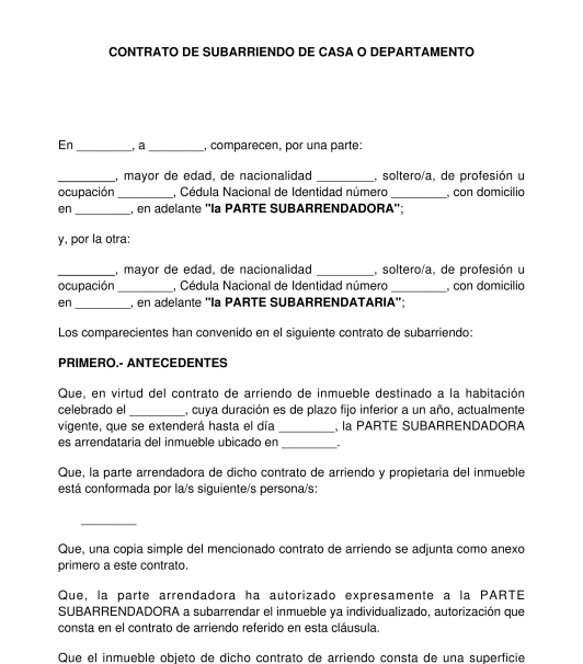 Contrato De Subarriendo Modelo En Formatos Word Y Pdf