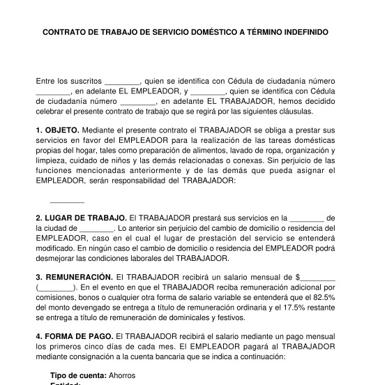 Contrato de trabajo para empleado doméstico