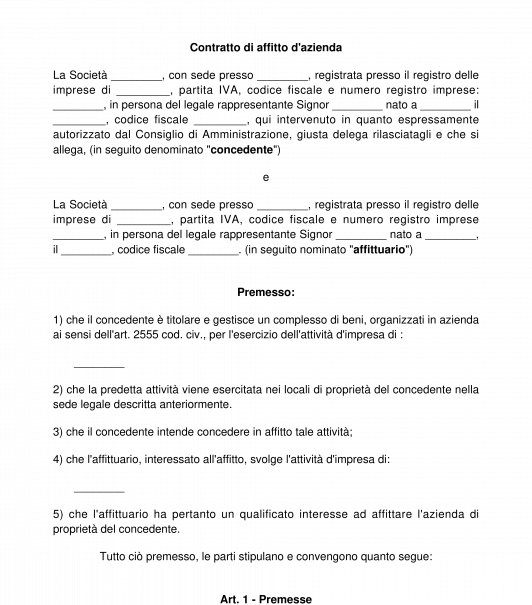 Contratto di affitto d'azienda