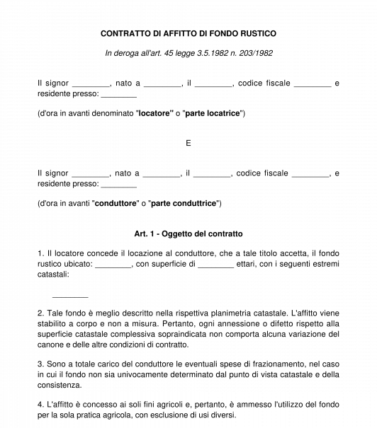 Contratto di affitto di fondo rustico