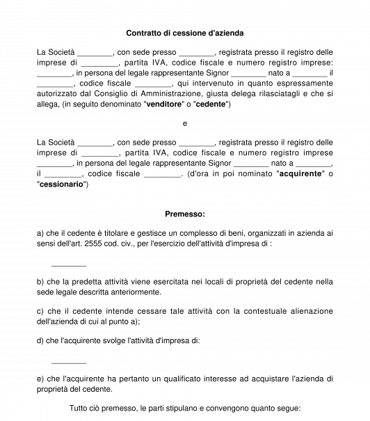 Contratto di cessione d'azienda