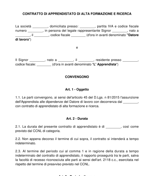 Contratto di apprendistato di alta formazione e ricerca