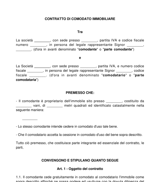 fac simile contratto di comodato duso gratuito word