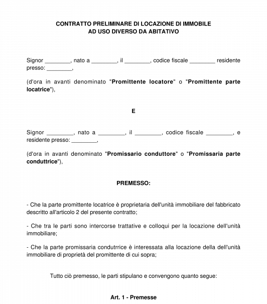 Contratto preliminare di locazione ad uso commerciale