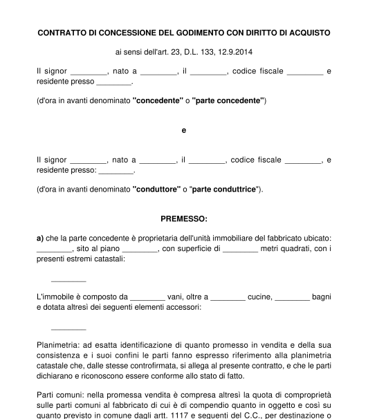 Fac simile contratto rent to buy scrittura privata