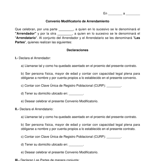 Convenio Modificatorio de Arrendamiento