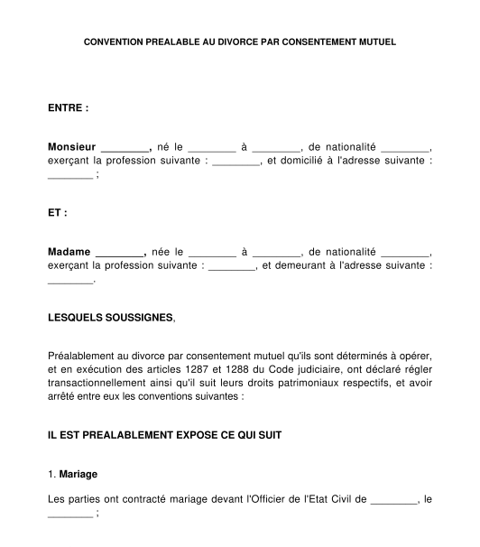 Convention préalable au divorce par consentement mutuel