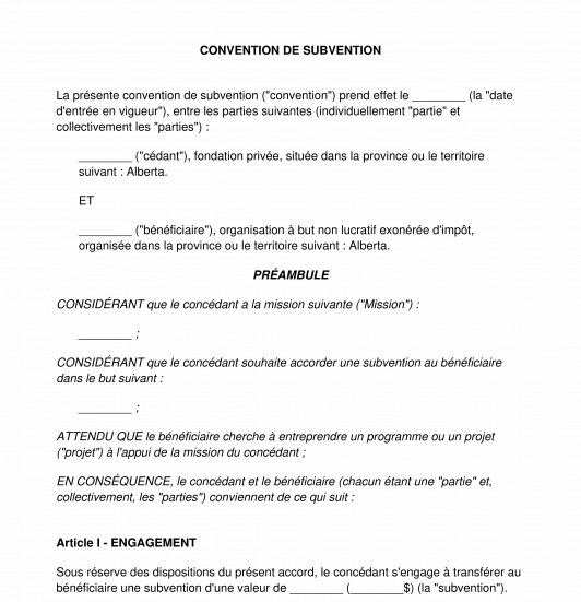 Convention de subvention pour les organismes à but non lucratif