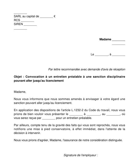 modele de lettre de licenciement