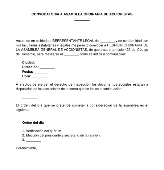 Convocatoria a Asamblea de Accionistas - Modelo