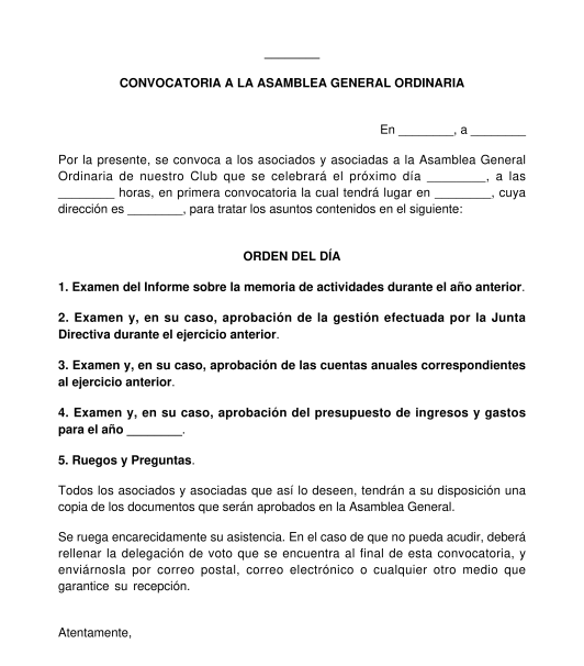 Convocatoria a la asamblea general de un club deportivo