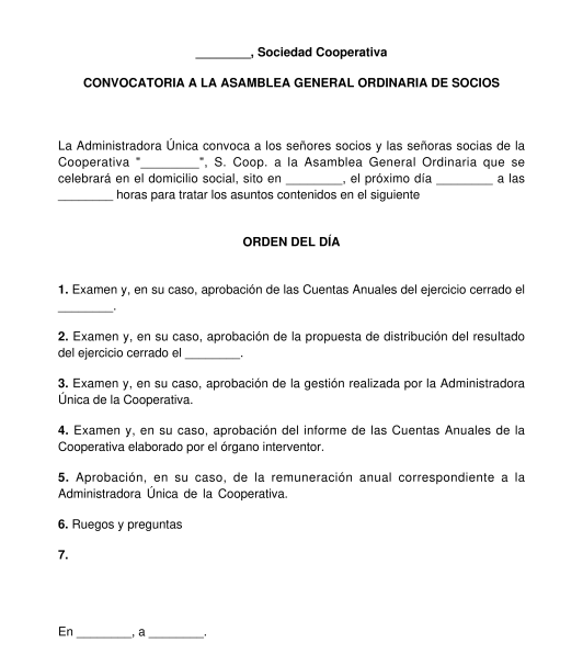 Convocatoria a la asamblea general ordinaria o extraordinaria de una sociedad cooperativa