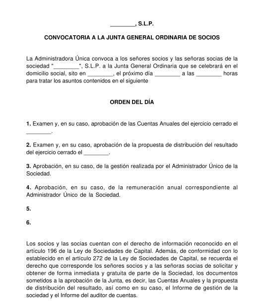 Convocatoria a la junta general ordinaria o extraordinaria de una sociedad profesional