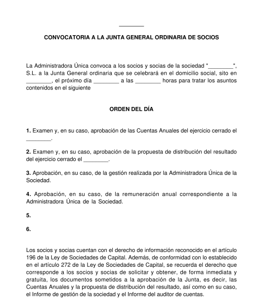 Convocatoria a la junta general ordinaria o extraordinaria de una sociedad mercantil