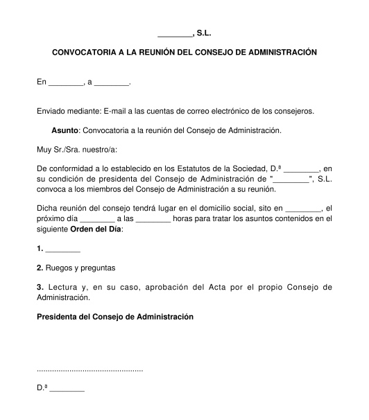 Convocatoria a la reunión del consejo de administración de una sociedad mercantil