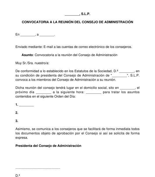 Convocatoria a la reunión del consejo de administración de una sociedad profesional