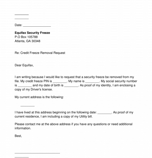 Credit Freeze Removal Request