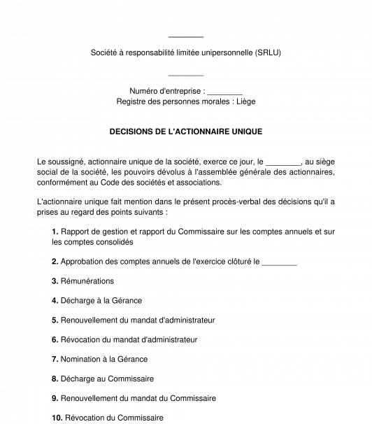 Décisions de l'associé unique d'une société SRLU