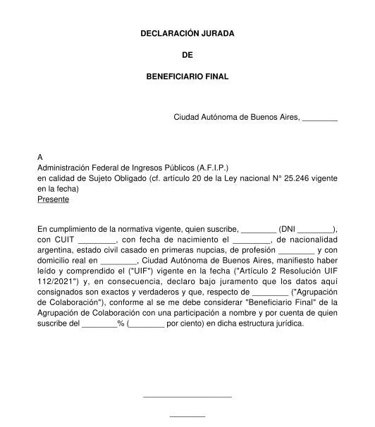 Declaración Jurada de Beneficiario Final de Persona Jurídica