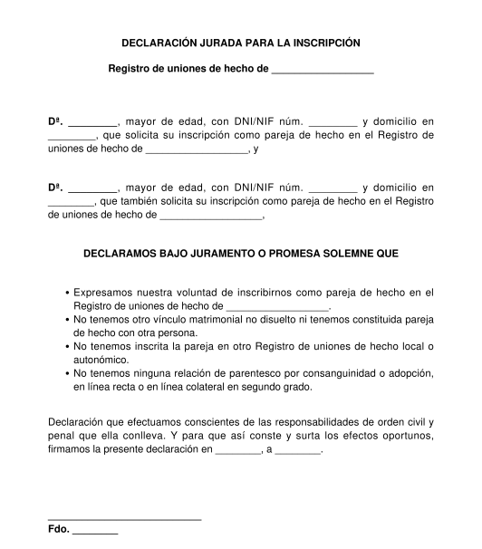 Declaración jurada para la inscripción de una pareja de hecho